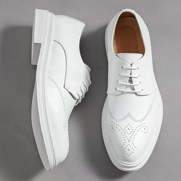 Men's White Brogue Oxford Shoes - Lace-Up Wingtip Derby Flat Platform Sole