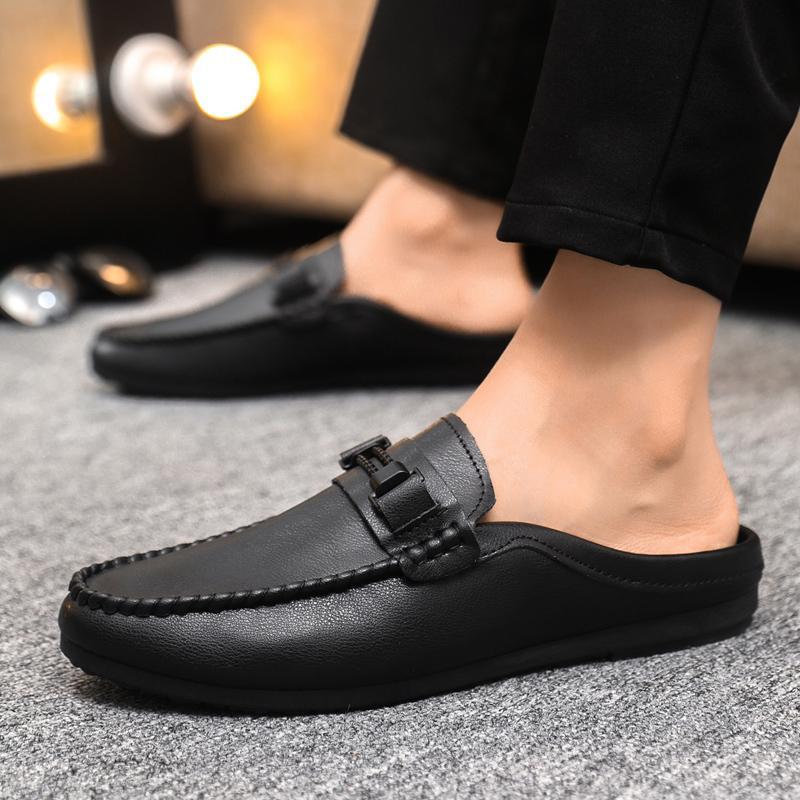 Men's Slip On Loafers Mule – Open Back Round Toe with Buckle Strap Trim