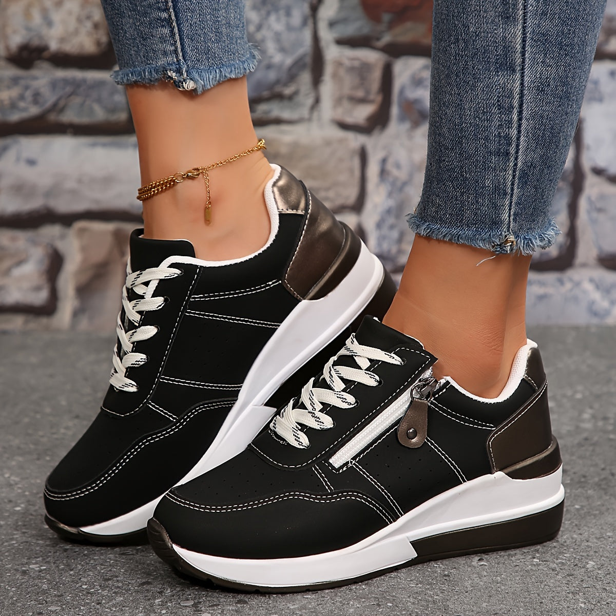 Women’s Lace-Up Sneakers with Side Zipper and Rounded Toe