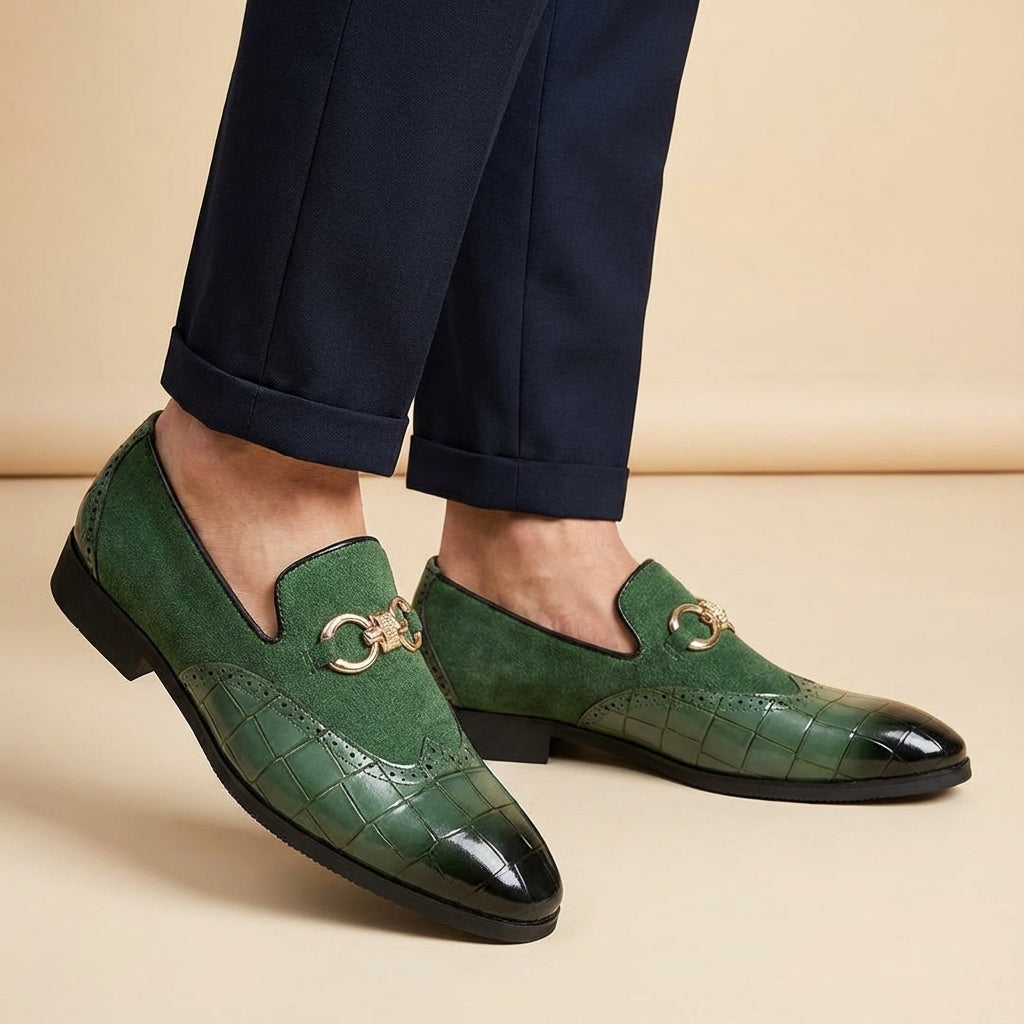 Men’s Slip-On Loafers with Almond Toe, Metal Bit Detail, and Low Block Heel