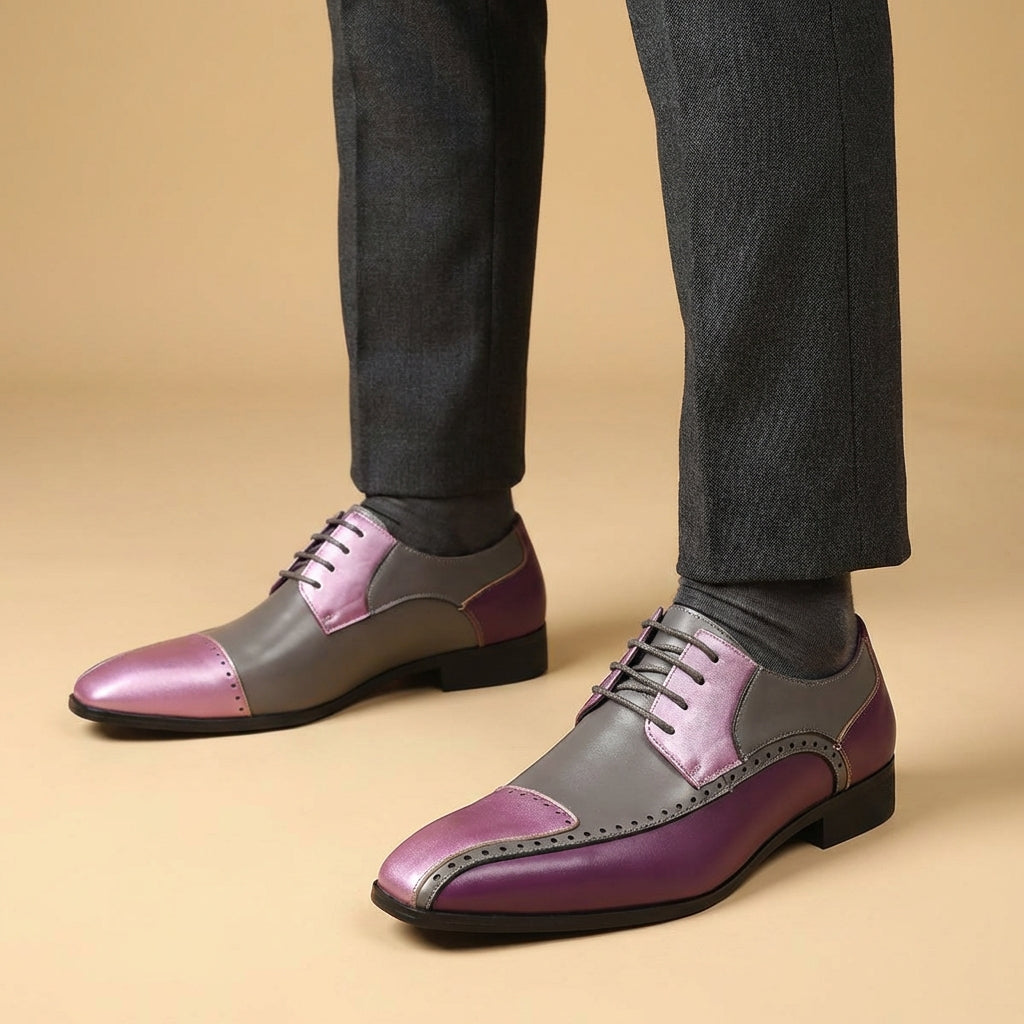 Men’s Leather Colour-Block Oxford Shoes with Brogue Detailing