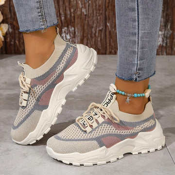 Women's Chunky Sneakers with Knit Mesh Upper and Lace-Up Closure