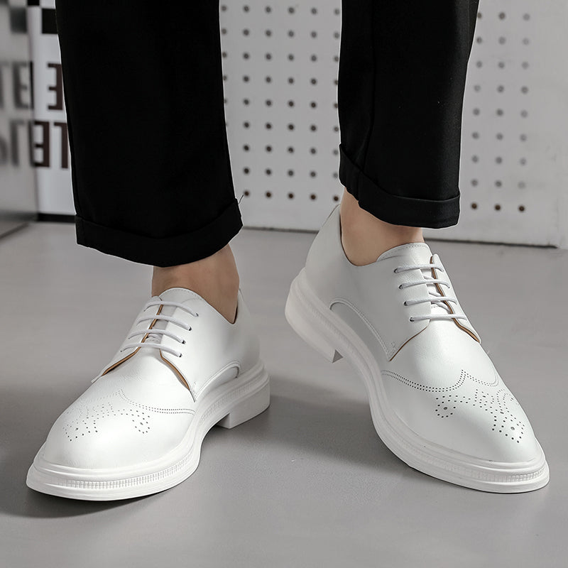 Men's White Brogue Oxford Shoes - Lace-Up Wingtip Derby Flat Platform Sole