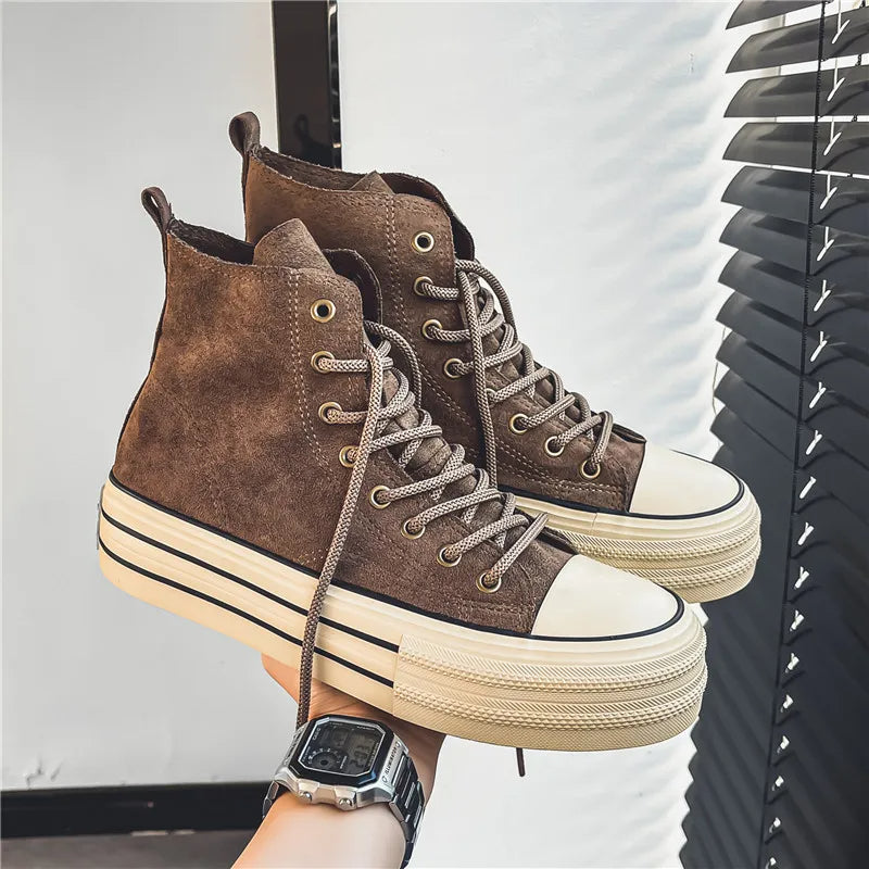 Unisex High Top Sneakers - Lace-Up Suede Upper - Platform Cupsole