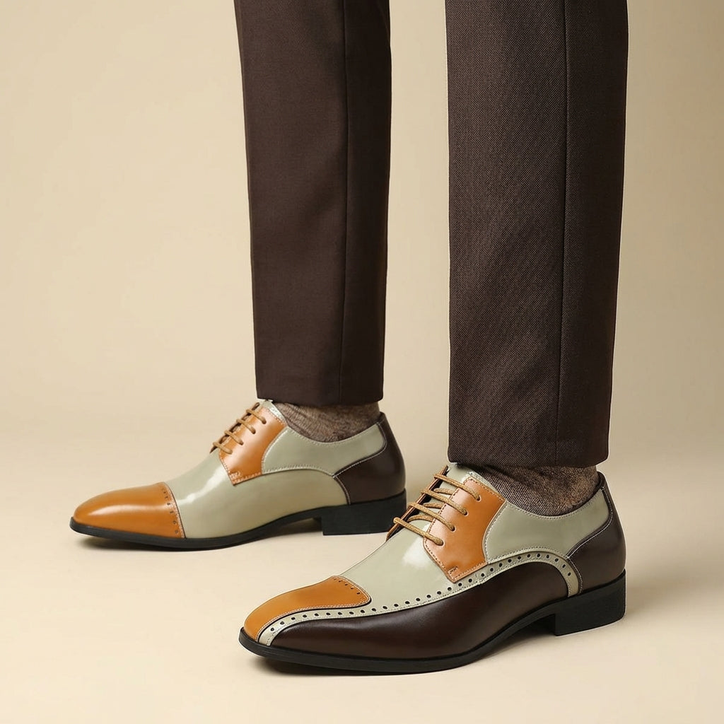 Men’s Leather Colour-Block Oxford Shoes with Brogue Detailing
