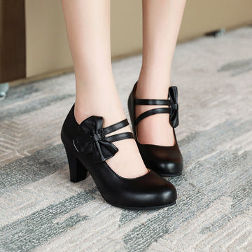 Women's Kitten Heels Mary Jane - Round Toe - Double Strap - Bow Detail