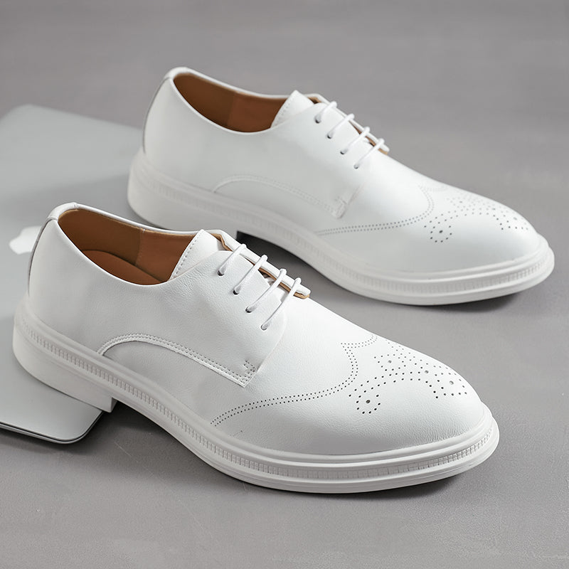 Men's White Brogue Oxford Shoes - Lace-Up Wingtip Derby Flat Platform Sole