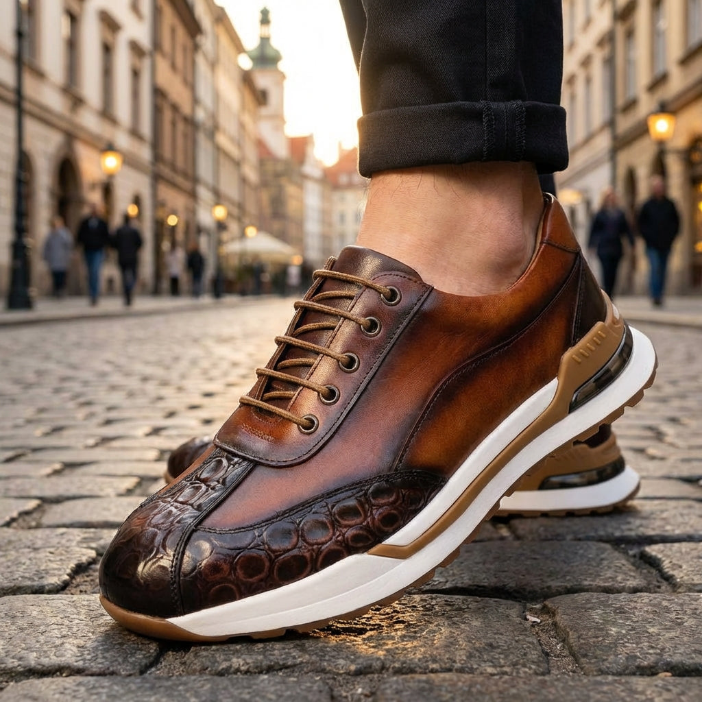 Men's Leather Sneakers - Lace-Up Burnished Patina Croc-Embossed Runner Sole