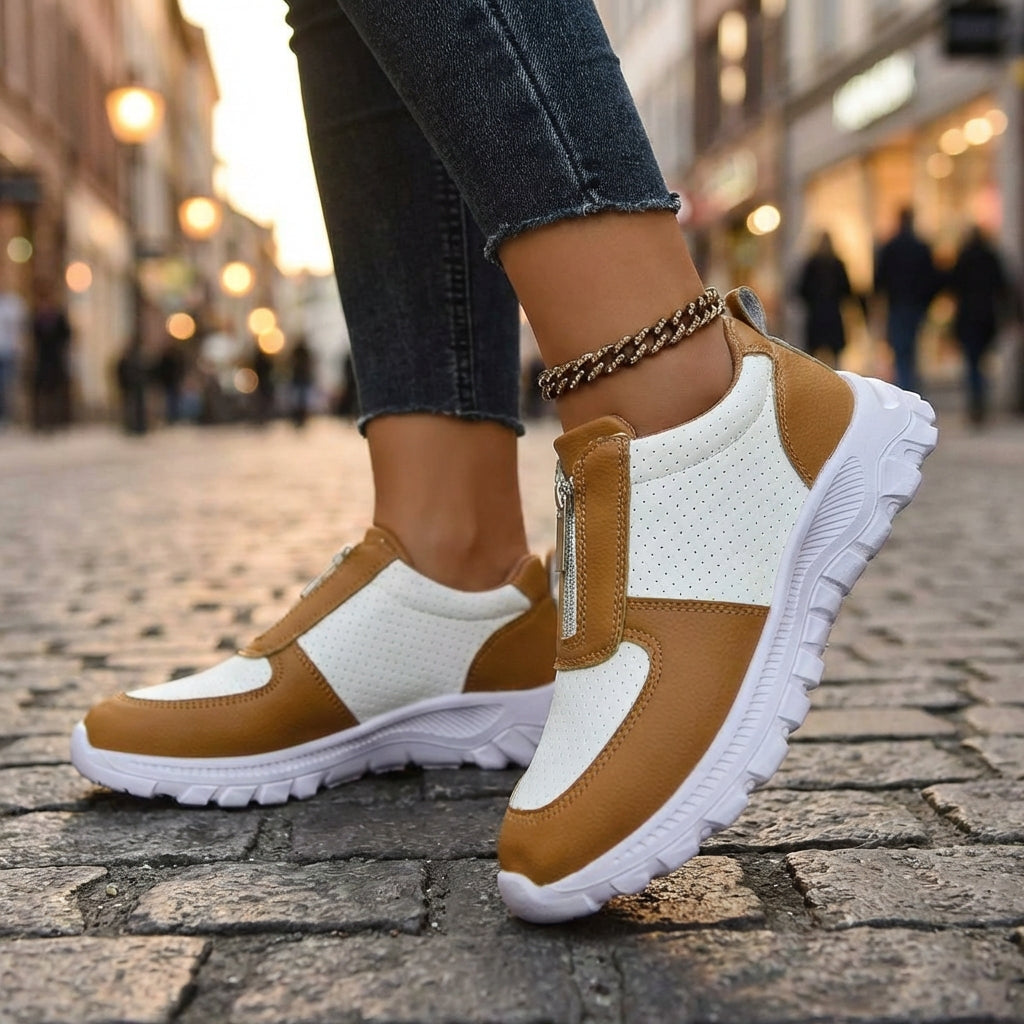 Women's Slip On Sneakers - Front Zip Colorblock Perforated Upper Lugged Sole