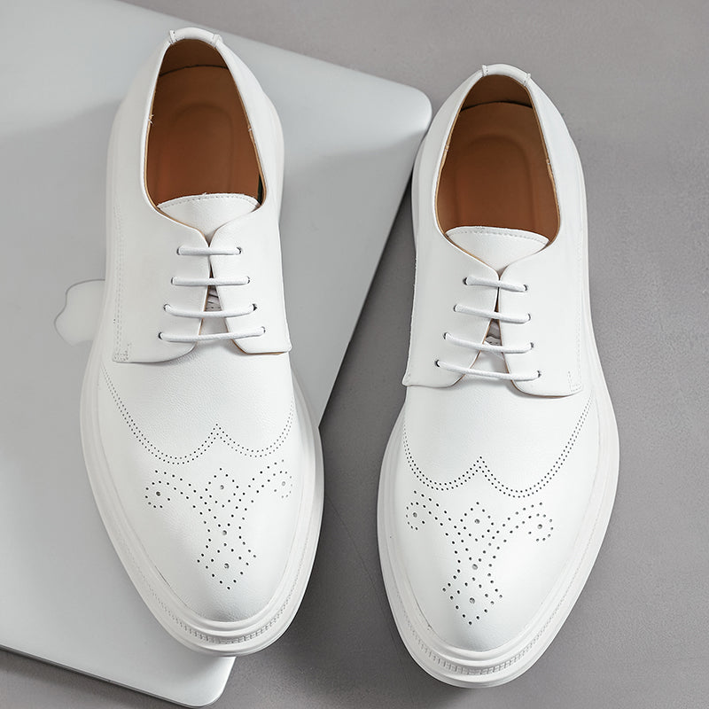 Men's White Brogue Oxford Shoes - Lace-Up Wingtip Derby Flat Platform Sole
