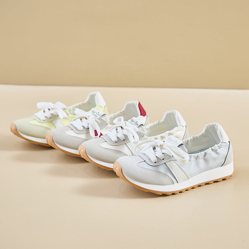 Women's Ballet Sneakers – Lace-Up Low Top Retro Runner with Ruched Collar