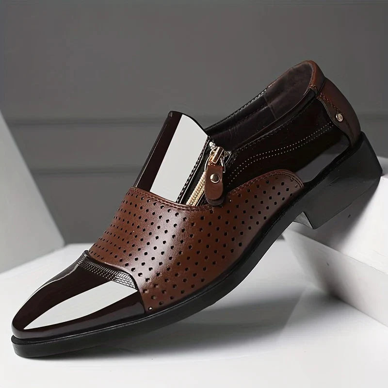 Men's Pointed Toe Dress Shoes - Side Zip - Patent Panel Upper Low Heel