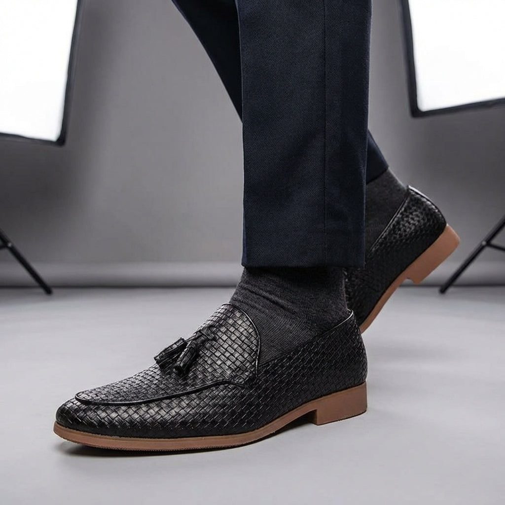 Men's Tassel Loafers - Slip On Woven Embossed Upper Round Toe Low Block Heel