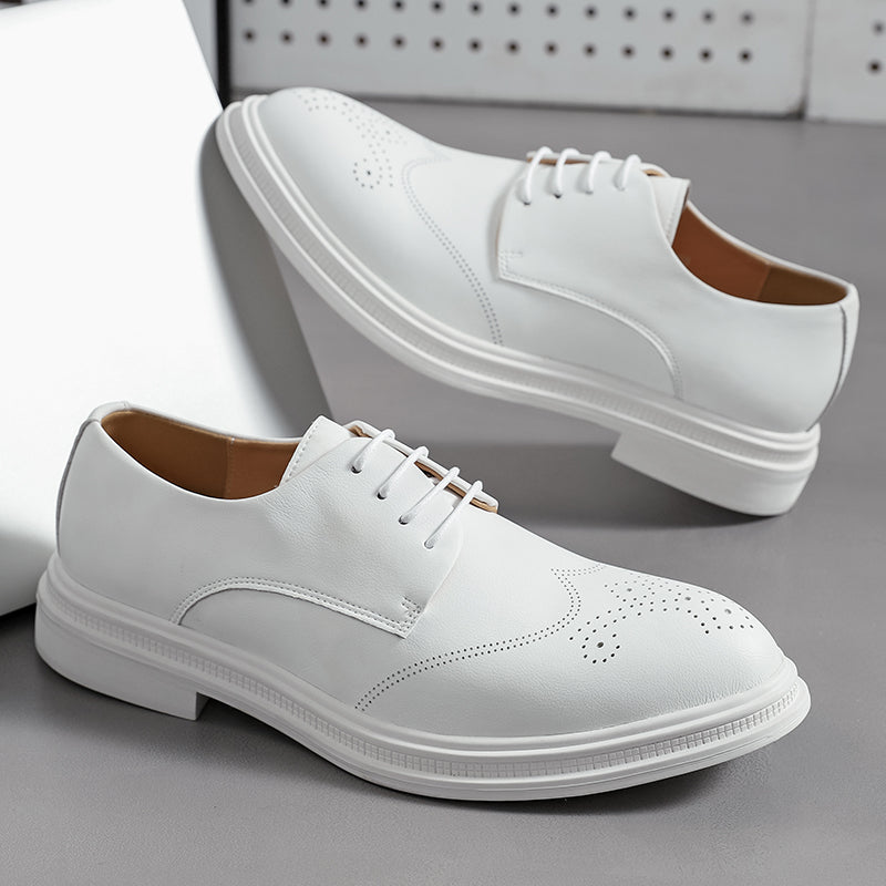 Men's White Brogue Oxford Shoes - Lace-Up Wingtip Derby Flat Platform Sole