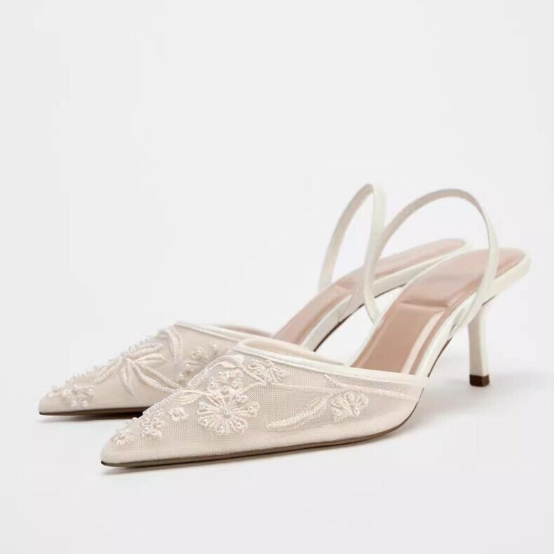 Women's Embroidered Kitten Heels - Mesh Pointed Toe - Slingback