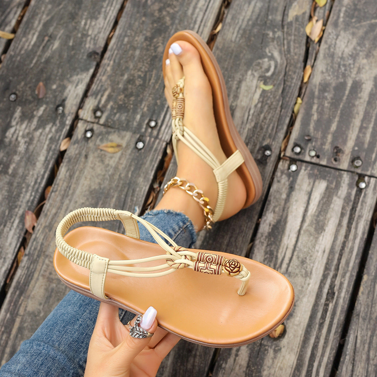 Women's Flat Thong Sandals – T-Strap Braided Elastic Slingback with Carved Bead Detail