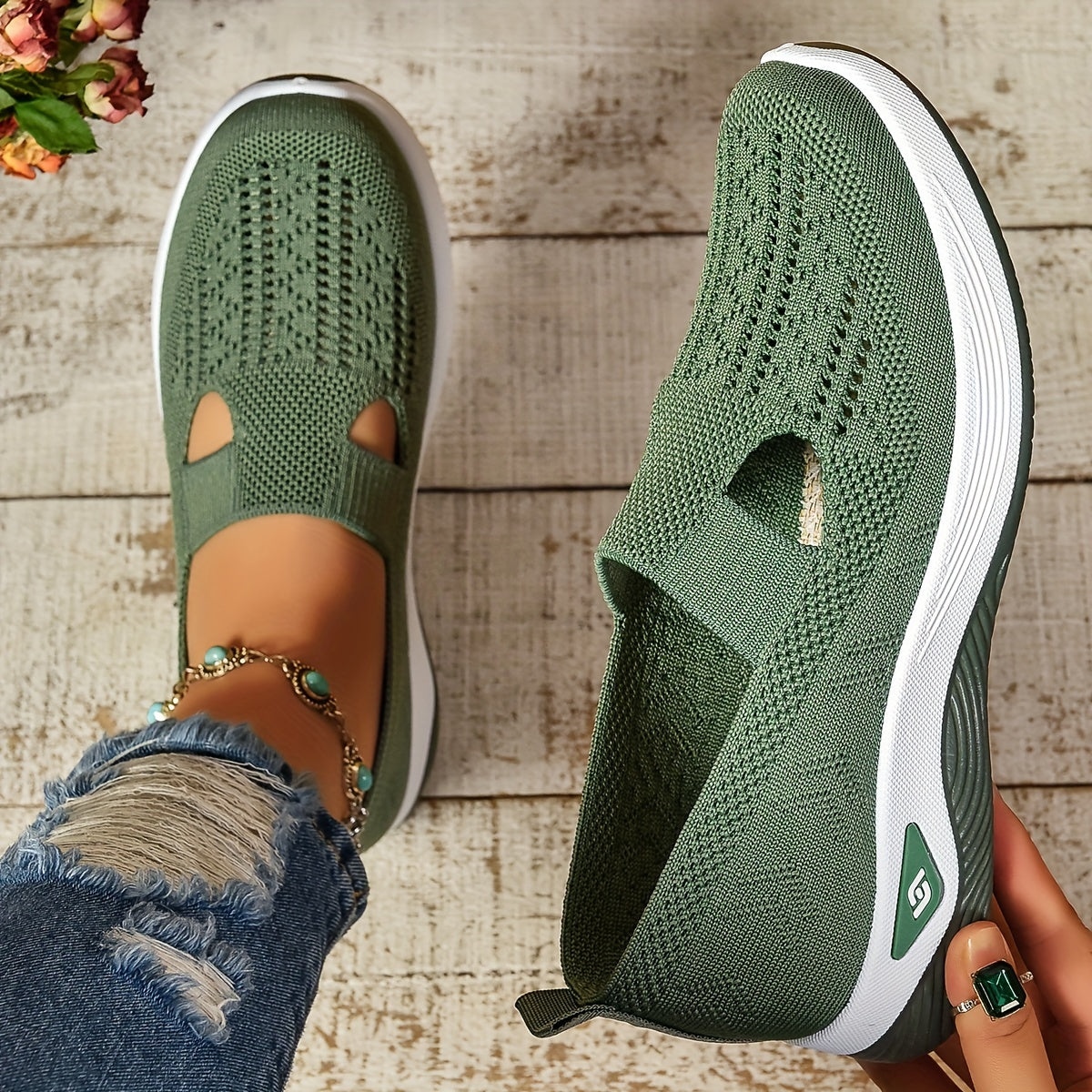 Women's Slip-On Sneakers - Knit Upper - Cutout Vamp - Platform Sole