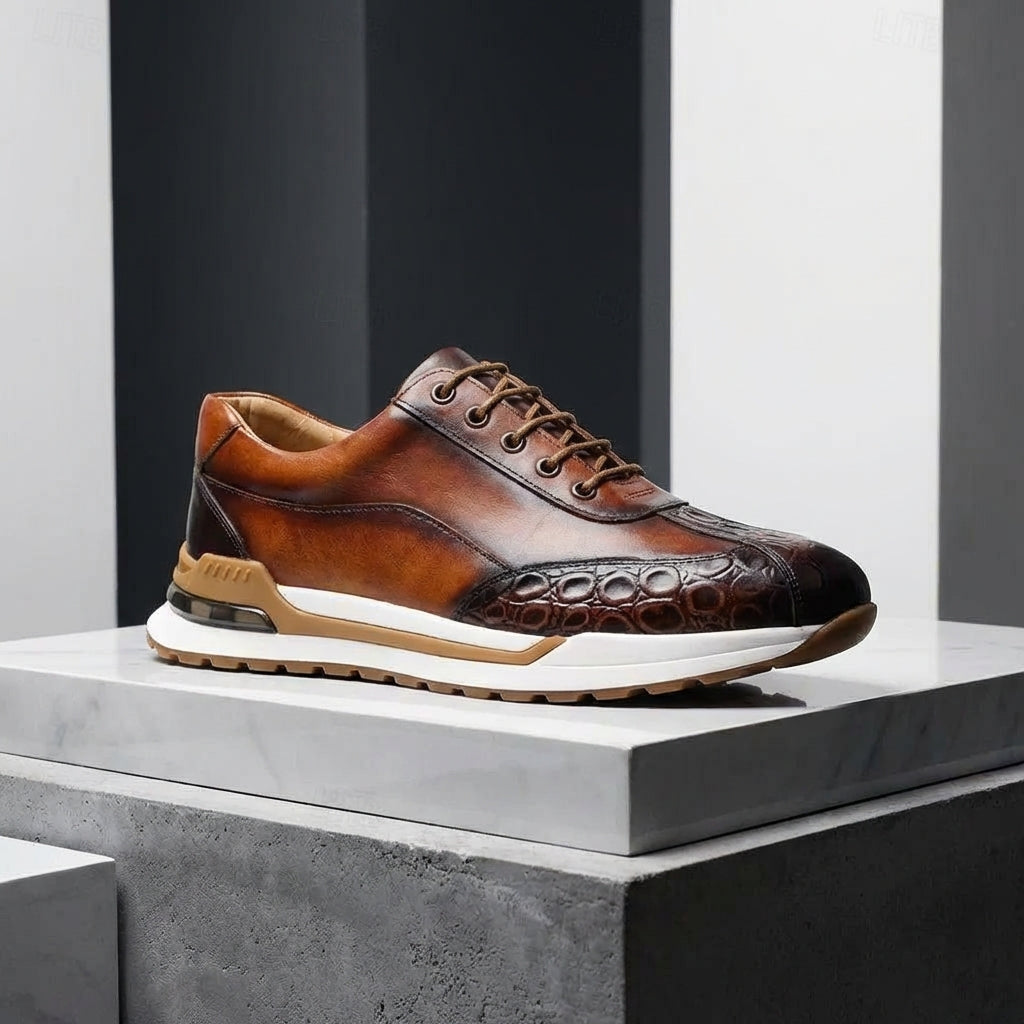 Men's Leather Sneakers - Lace-Up Burnished Patina Croc-Embossed Runner Sole