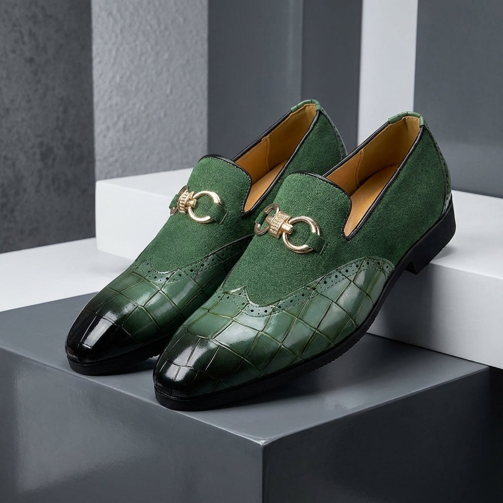 Men’s Slip-On Loafers with Almond Toe, Metal Bit Detail, and Low Block Heel
