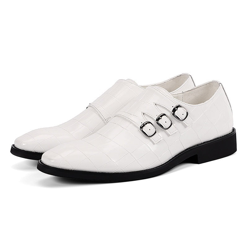 Men's Triple Monk Strap Dress Shoes - Pointed Toe - Croc Embossed - Low Heel