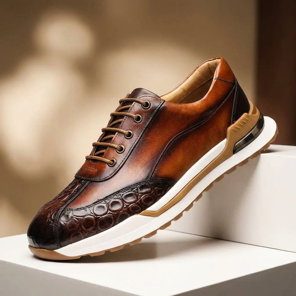 Men's Leather Sneakers - Lace-Up Burnished Patina Croc-Embossed Runner Sole