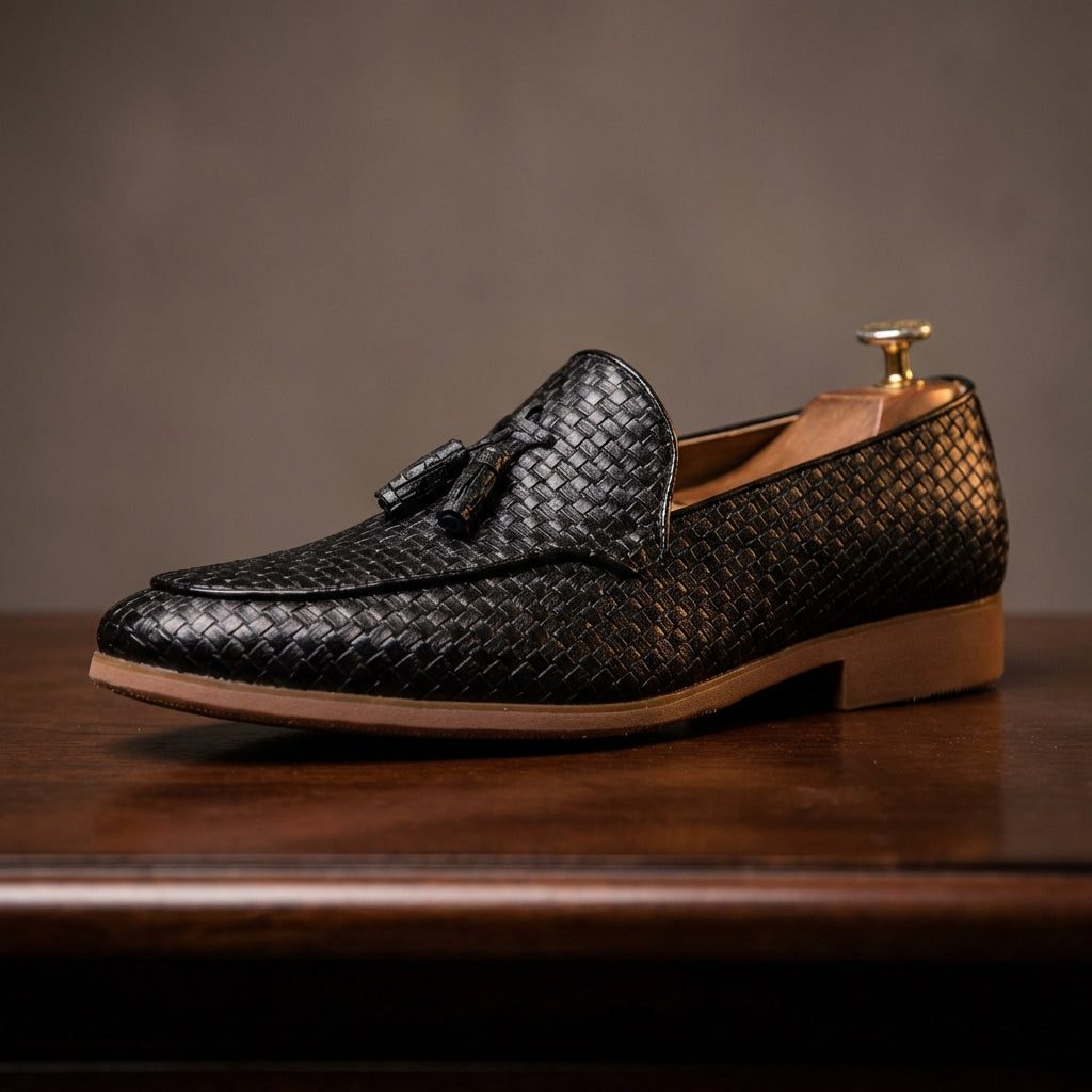 Men's Tassel Loafers - Slip On Woven Embossed Upper Round Toe Low Block Heel