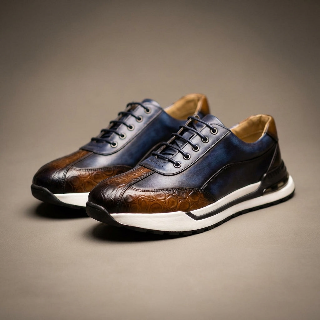 Men's Leather Sneakers - Lace-Up Burnished Patina Croc-Embossed Runner Sole