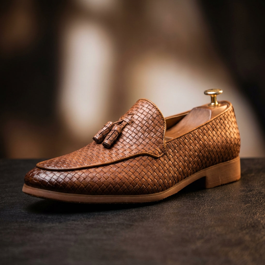 Men's Tassel Loafers - Slip On Woven Embossed Upper Round Toe Low Block Heel
