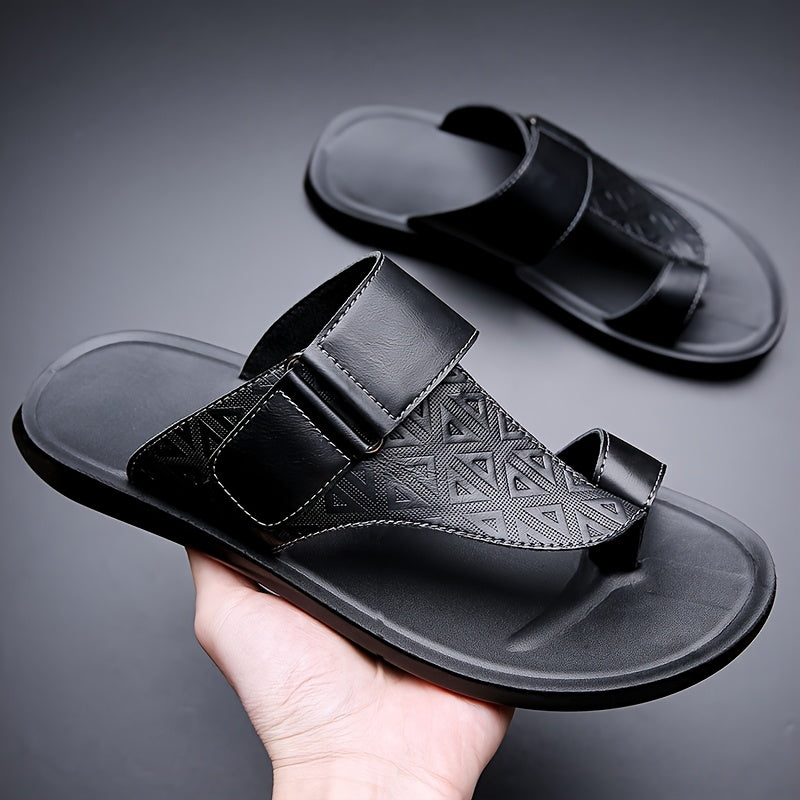 Men's Open Toe Leather Sandals – Toe Loop Slip-On with Geometric Embossed Strappy