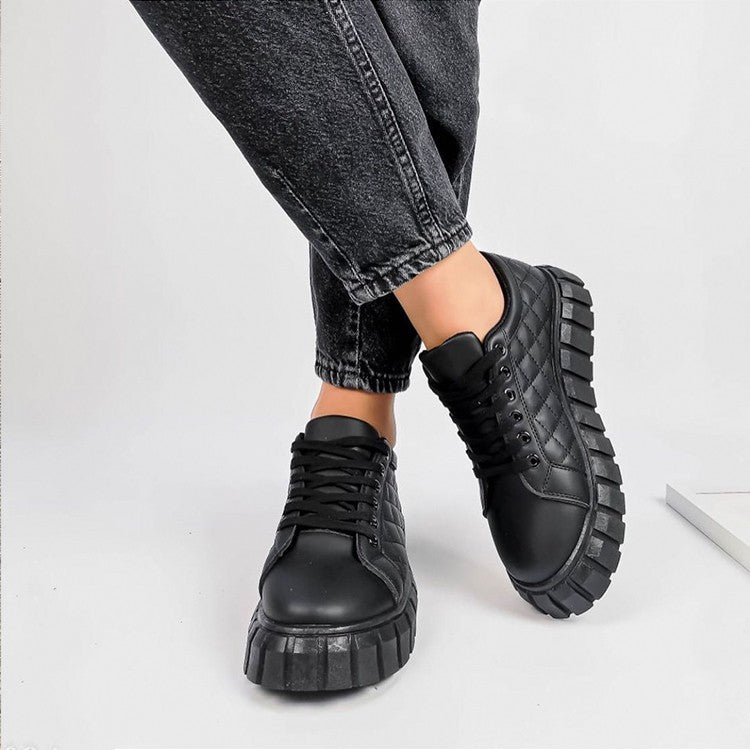 Women's Platform Sneakers – Round Toe Lace-Up Quilted Upper with Lug Sole