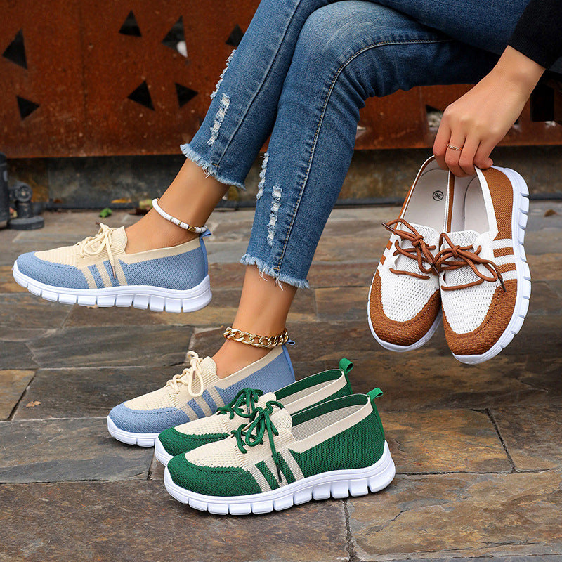 Women's Lace-Up Casual Sneakers - Round Toe - Knit Mesh Upper - Flat Sole