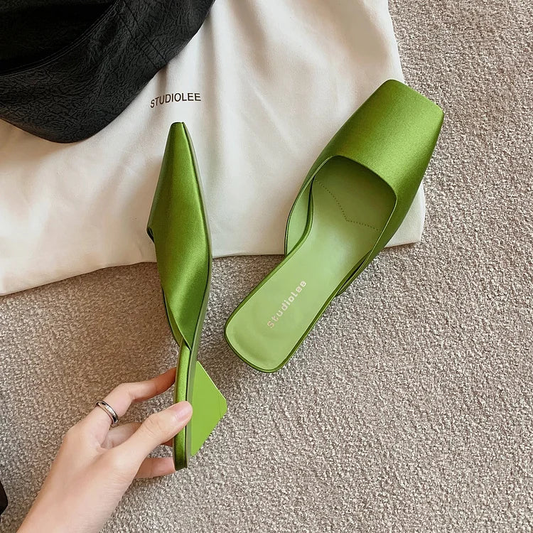 Women's Square Toe Slip-On Mule Slides - Flat Heel - Satin Upper