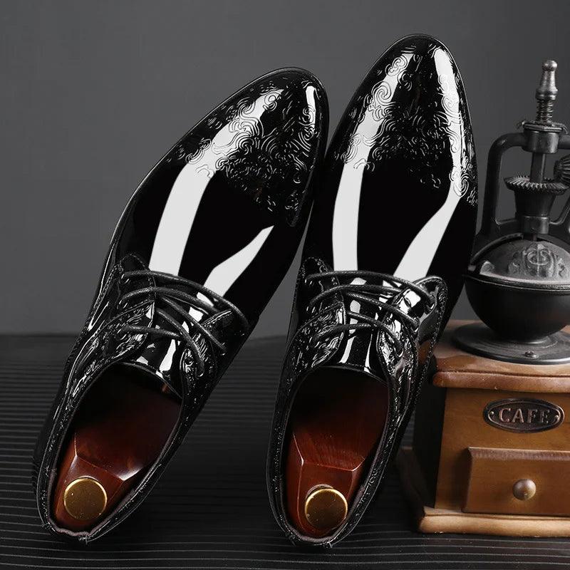 Men's Oxford Dress Shoes - Pointed Toe - Patent Upper - Embossed Detail - Black