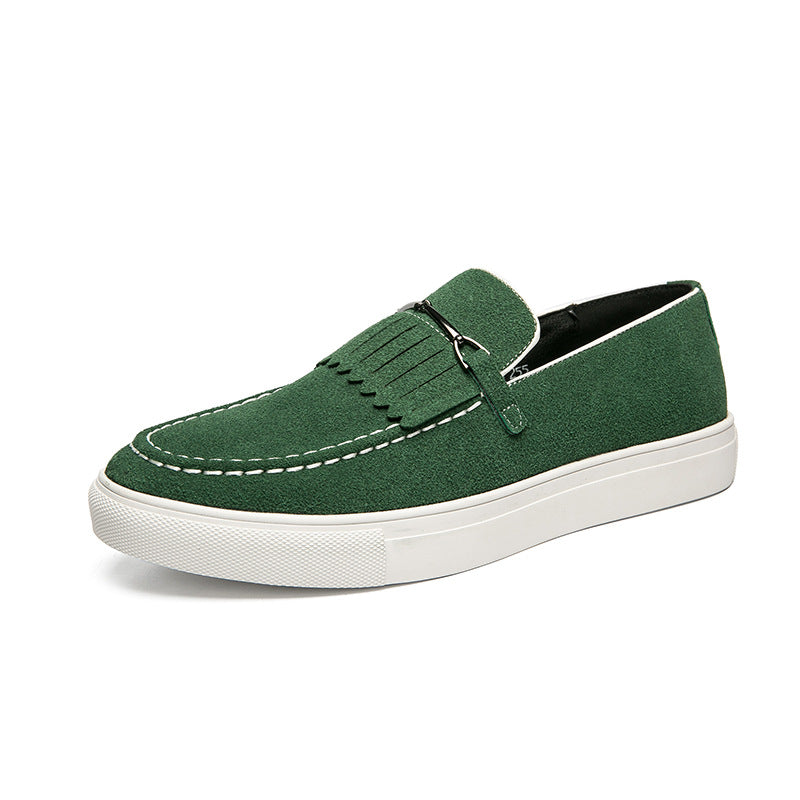Men's Slip-On Loafers with Fringe Trim - Moc Toe and Flat Rubber Sole