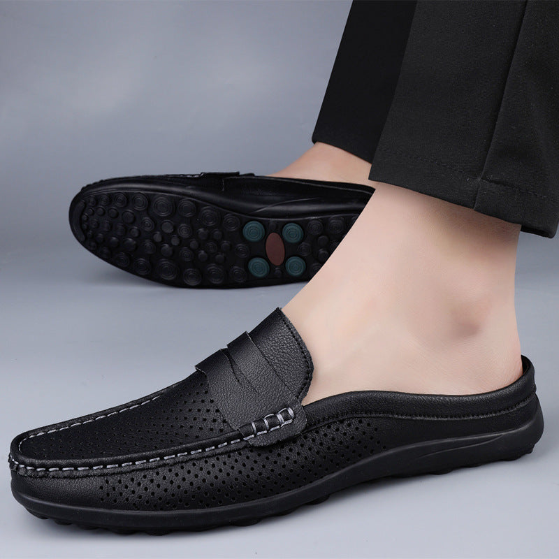 Men's Slip On Loafers Mule – Open Back Penny Tab Perforated Leather