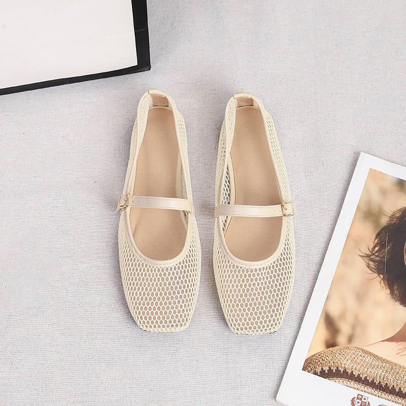 Women's Mesh Mary Jane Flats – Square Toe Buckle Strap Open Weave Upper
