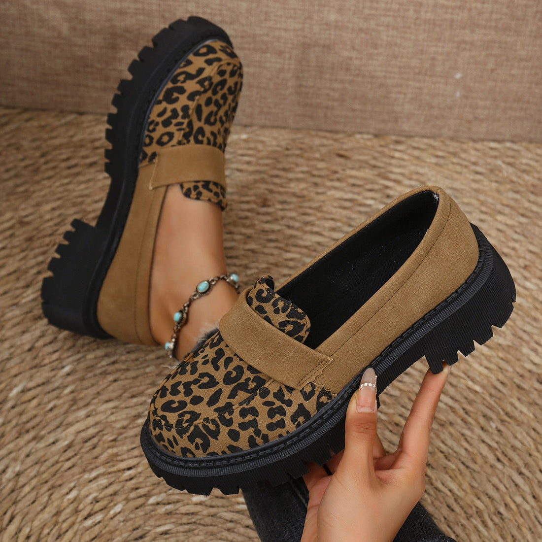 Women's Platform Loafers - Leopard Print - Strap Detail - Chunky Sole