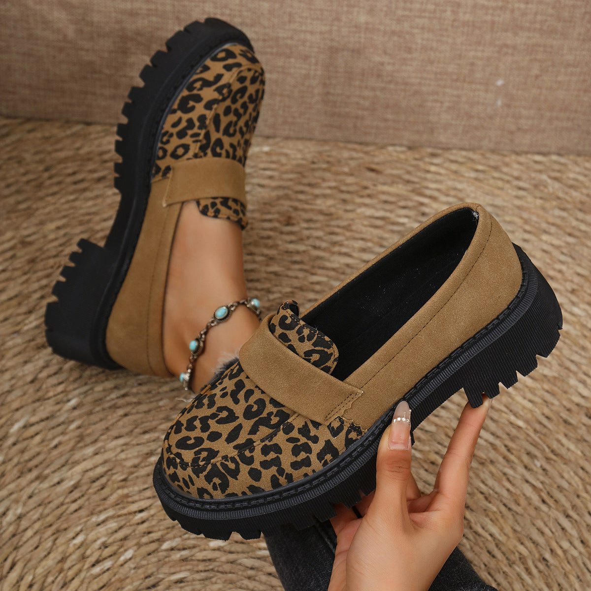 Women's Platform Loafers - Leopard Print - Strap Detail - Chunky Sole
