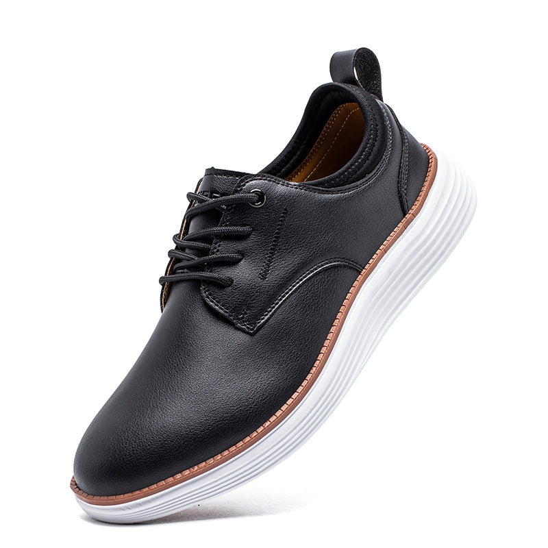 Men's Leather Casual Dress Shoes – Plain Toe Lace-Up with Chunky White Sole