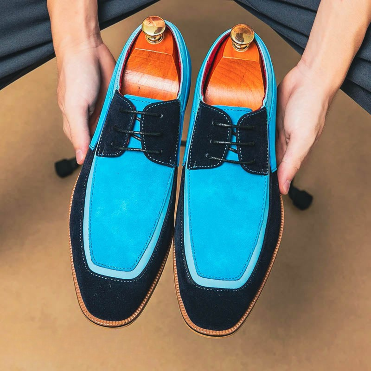 Men’s Leather Dress Shoes - Two-Tone Lace-Up with Contrast Panel Design