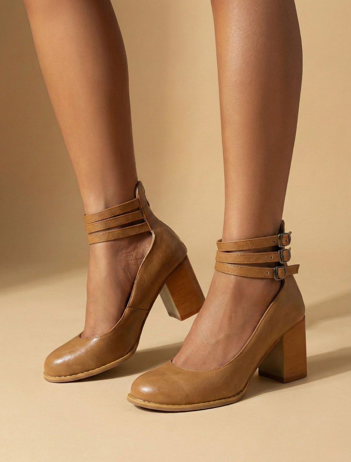 Women’s Block Heel Ankle Shoes with Closed Toe and Multi Strap Buckle Detail