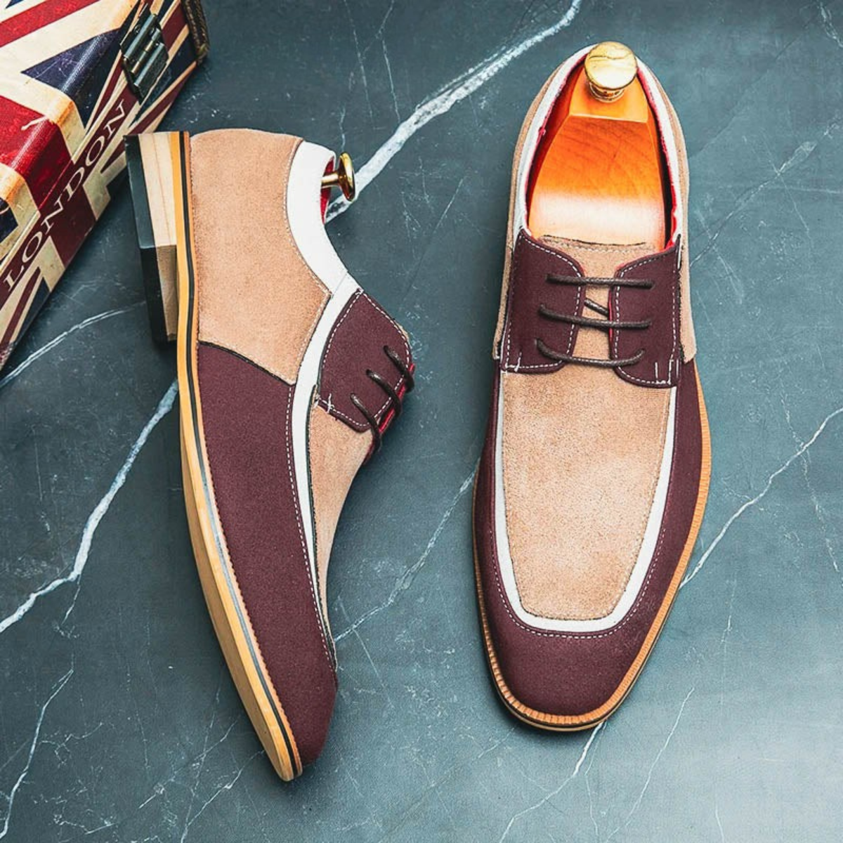 Men’s Leather Dress Shoes - Two-Tone Lace-Up with Contrast Panel Design