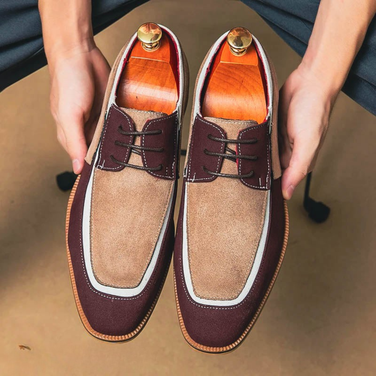 Men’s Leather Dress Shoes - Two-Tone Lace-Up with Contrast Panel Design