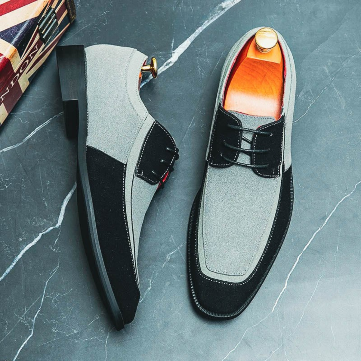 Men’s Leather Dress Shoes - Two-Tone Lace-Up with Contrast Panel Design