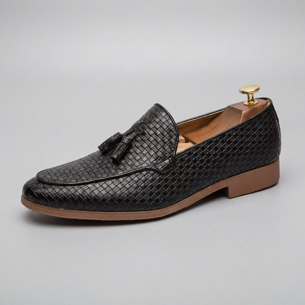Men's Tassel Loafers - Slip On Woven Embossed Upper Round Toe Low Block Heel