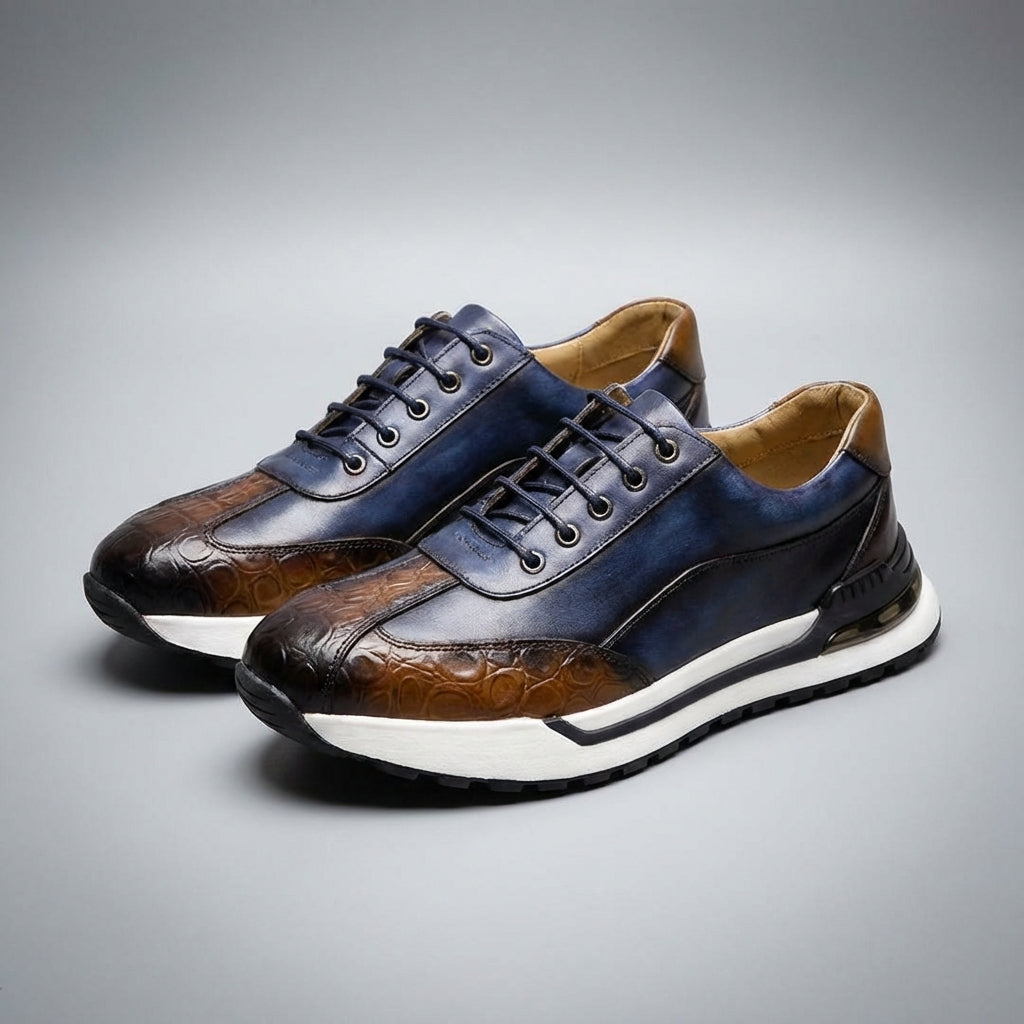 Men's Leather Sneakers - Lace-Up Burnished Patina Croc-Embossed Runner Sole