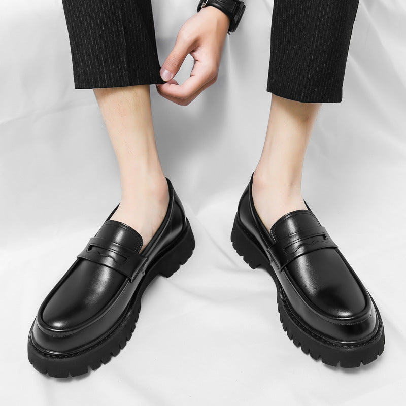 Men’s Black Rounded Toe Slip-On Loafers with Front Strap - Chunky Lug Sole