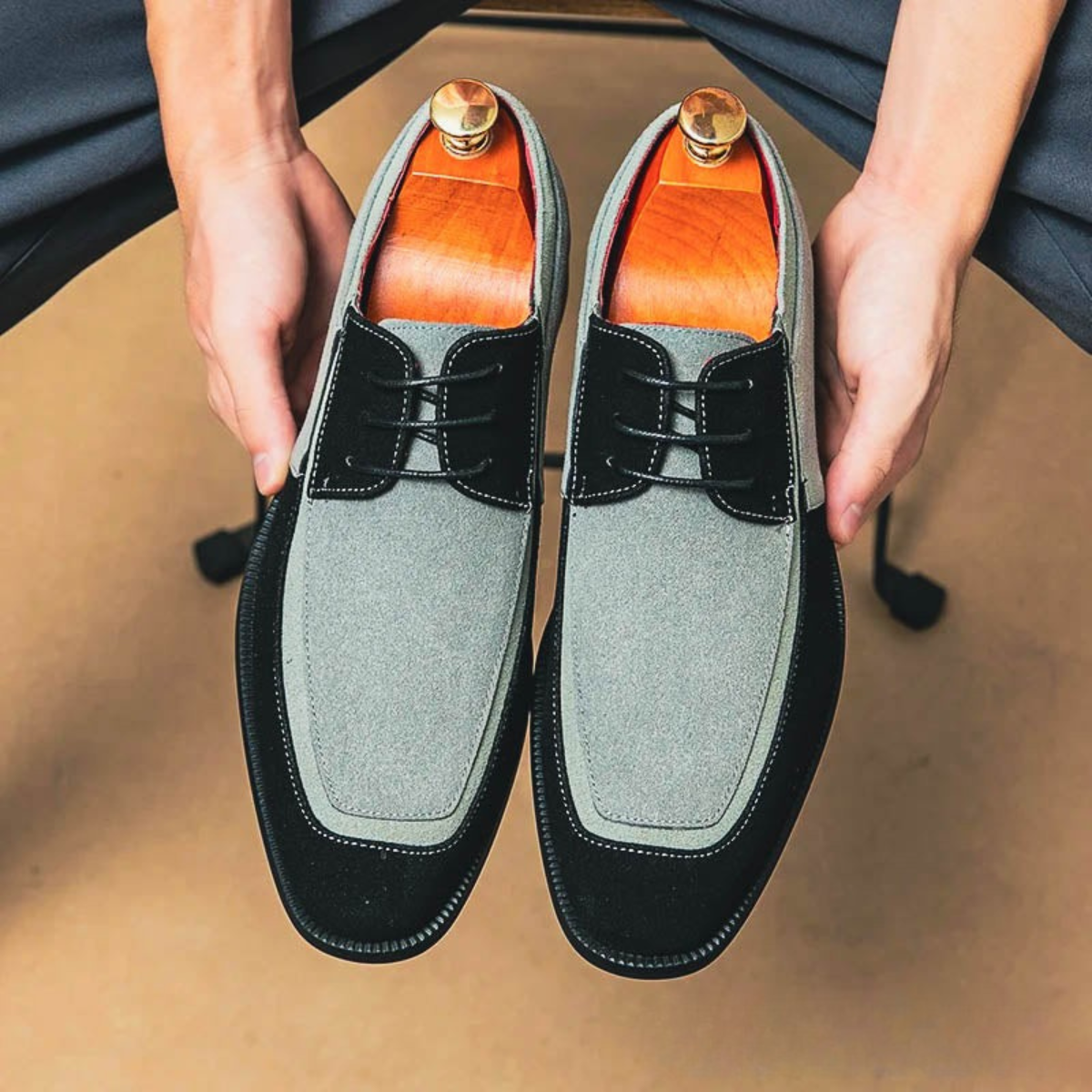 Men’s Leather Dress Shoes - Two-Tone Lace-Up with Contrast Panel Design