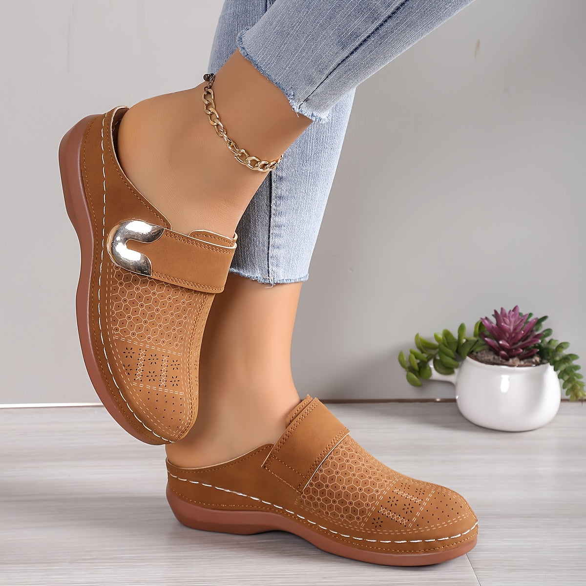 Women's Slip-On Mule Flats - Round Toe - Perforated Upper - Metal Buckle Detail