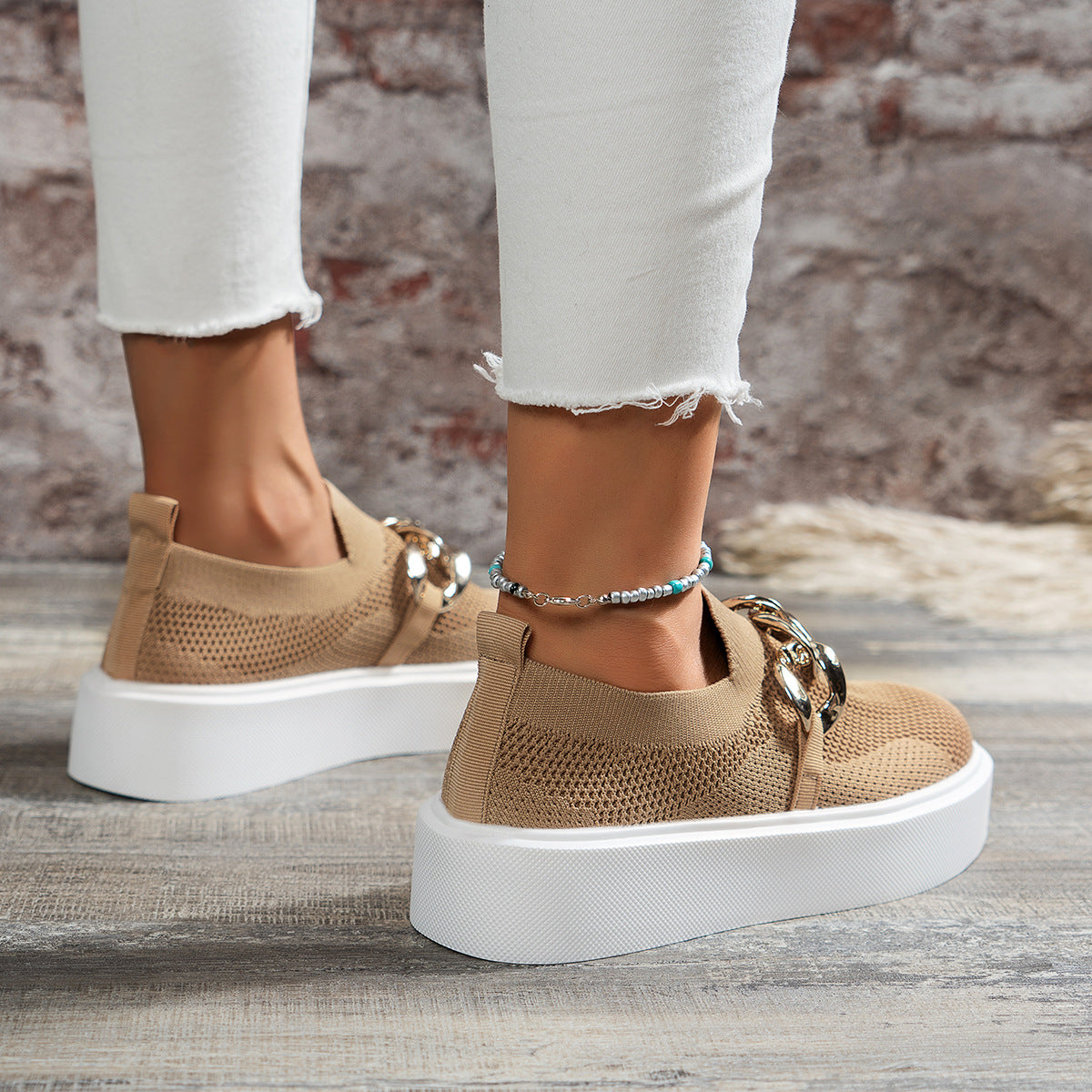 Women's Platform Sneakers – Round Toe Slip-On Knit with Chain Hardware